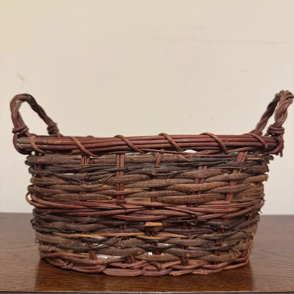 Vintage Rustic Handwoven Twig Vine Oval Basket Planter Plastic Liner Handles